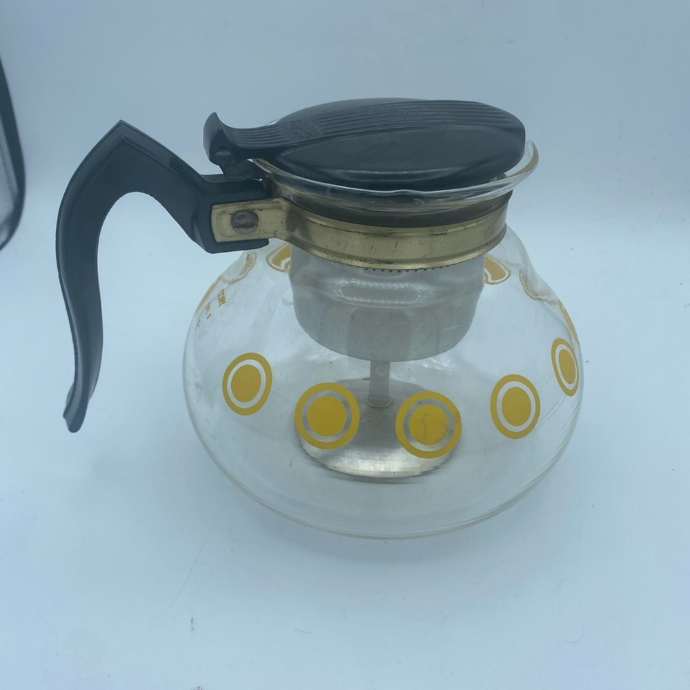 MCM VTG Cory glass Coffee Pot Brewer #CLC Yellow Dots Black Flip Top Lid